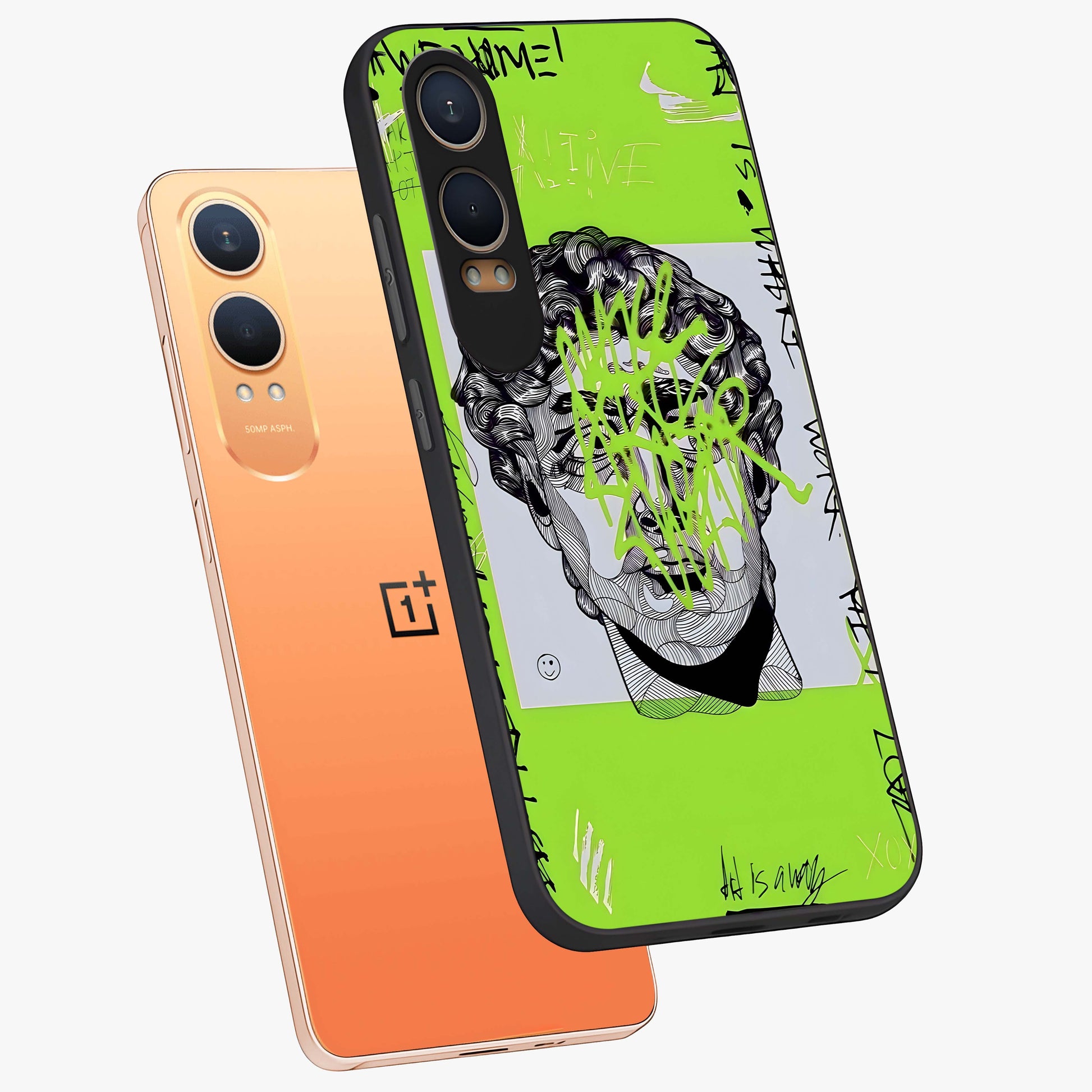 Neo Graffiti Rebellion Glass Case for 1+Nord CE 4 Lite angled mockup showcasing glossy finish and urban neon detailing