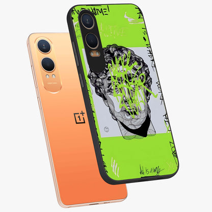 Neo Graffiti Rebellion Glass Case for 1+Nord CE 4 Lite angled mockup showcasing glossy finish and urban neon detailing