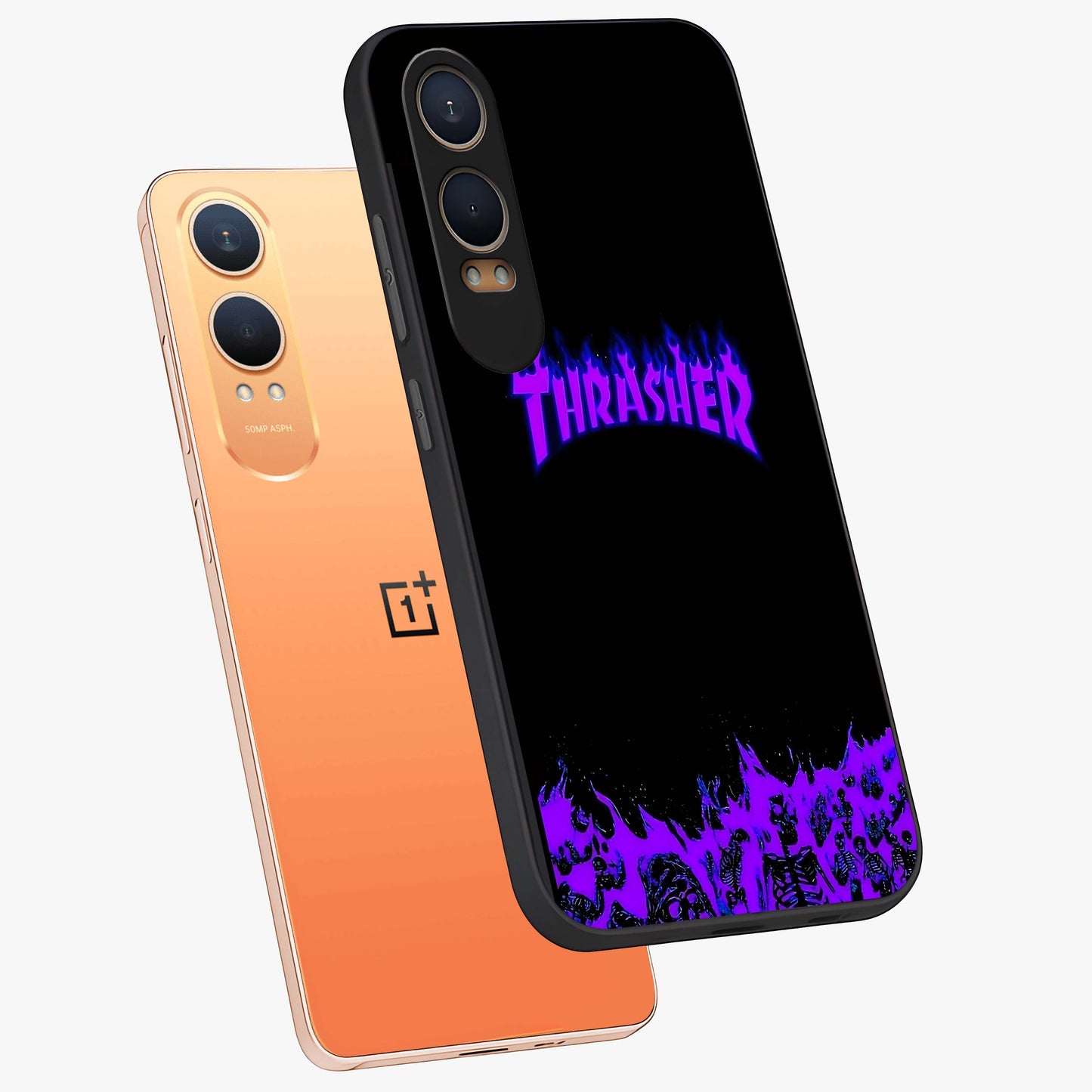 Neon Flame Riot Glass Case for 1+Nord CE 4 Lite angled mockup showcasing glossy finish and high contrast colors