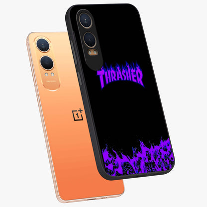 Neon Flame Riot Glass Case for 1+Nord CE 4 Lite angled mockup showcasing glossy finish and high contrast colors