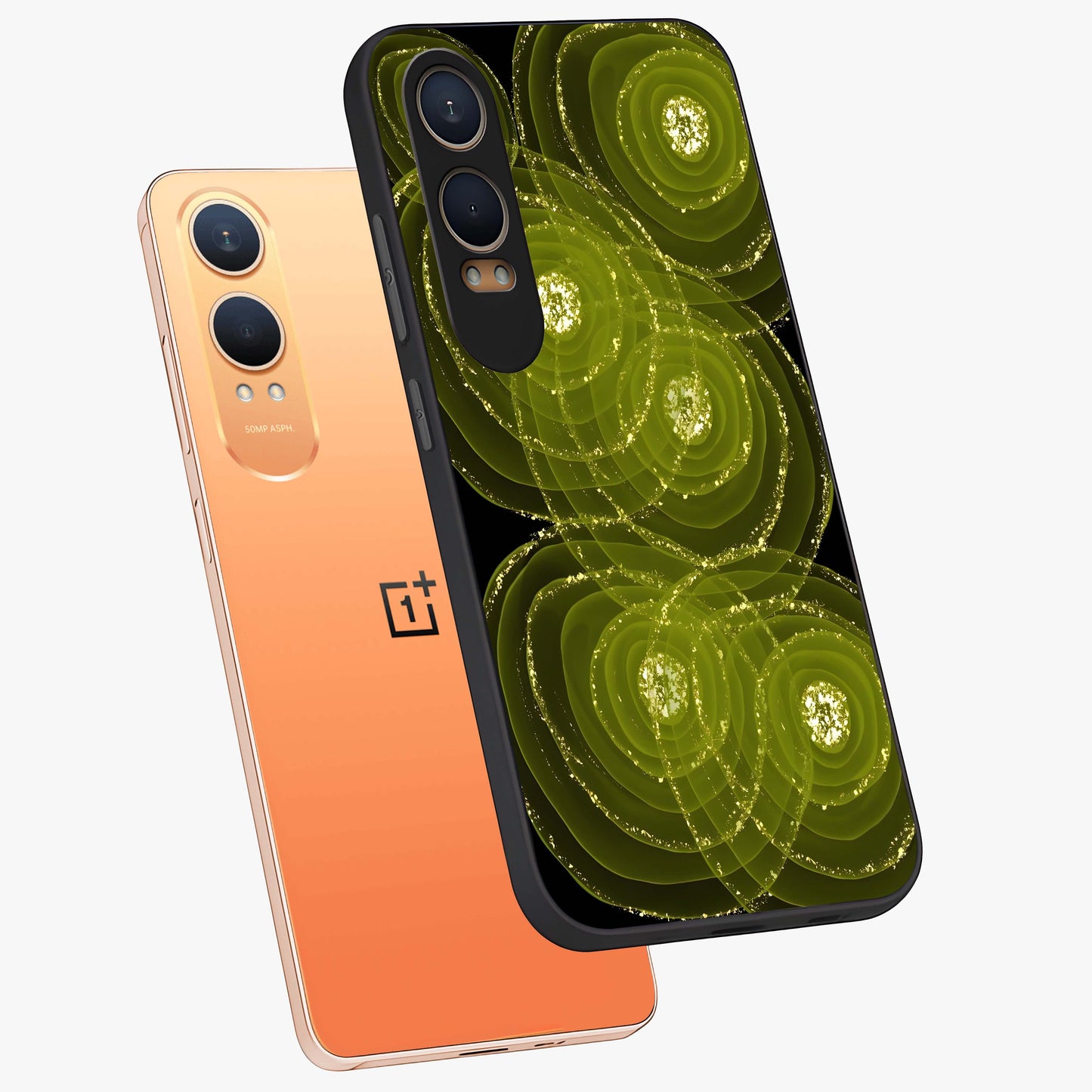 Neon Orbit Bloom Marble Glass Case for 1+Nord CE 4 Lite angled mockup showcasing glossy finish and vibrant bloom detailing