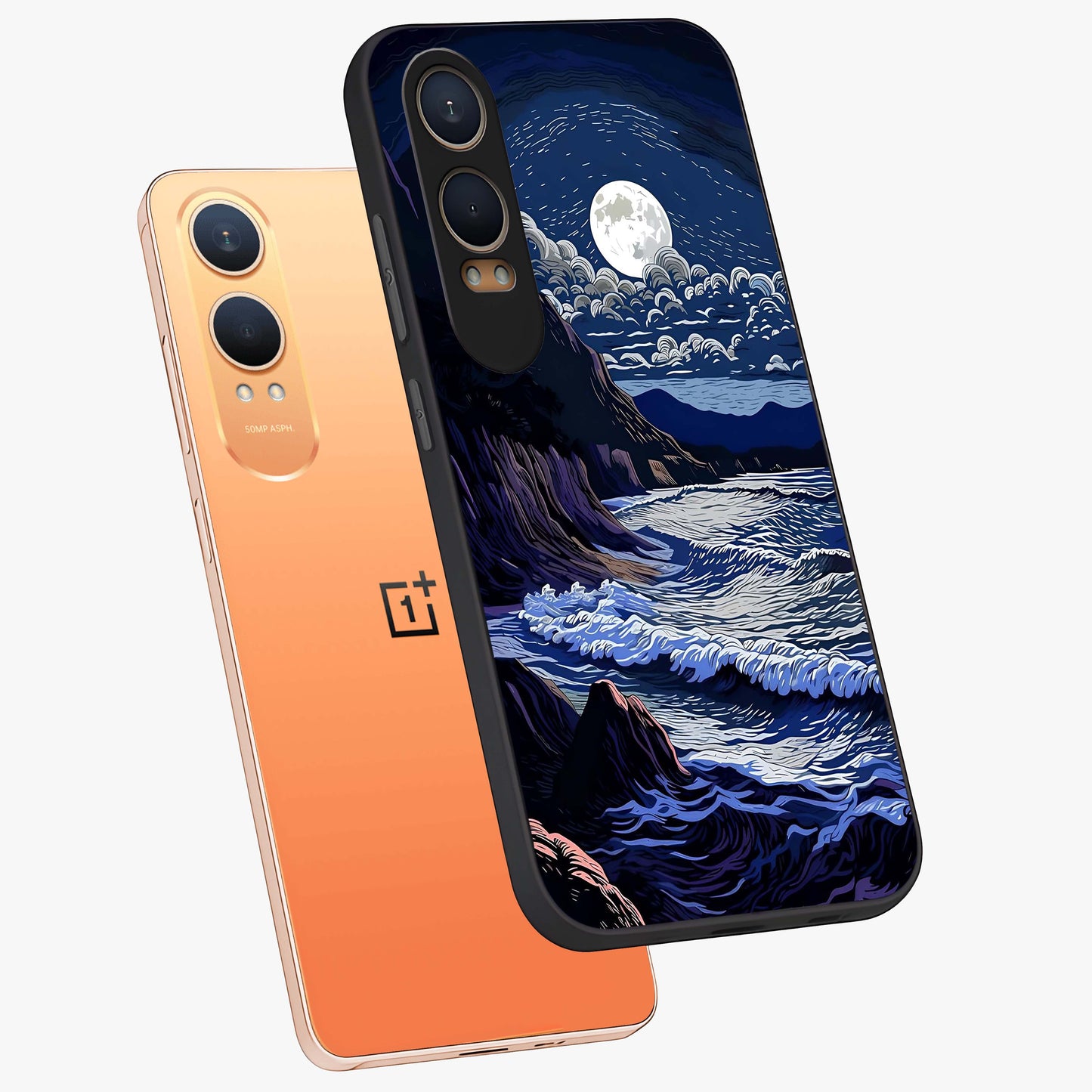 Night Moon Scenery Pattern Glass Case for 1+Nord Ce 4 Lite angled mockup showcasing glossy finish and deep night tones