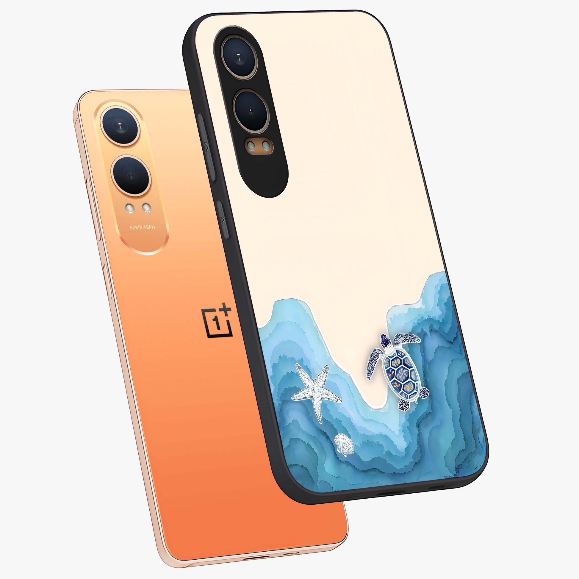 Ocean Drift Turtle Glass Case for 1+Nord CE 4 Lite angled mockup showcasing glossy glass finish and fluid wave detailing