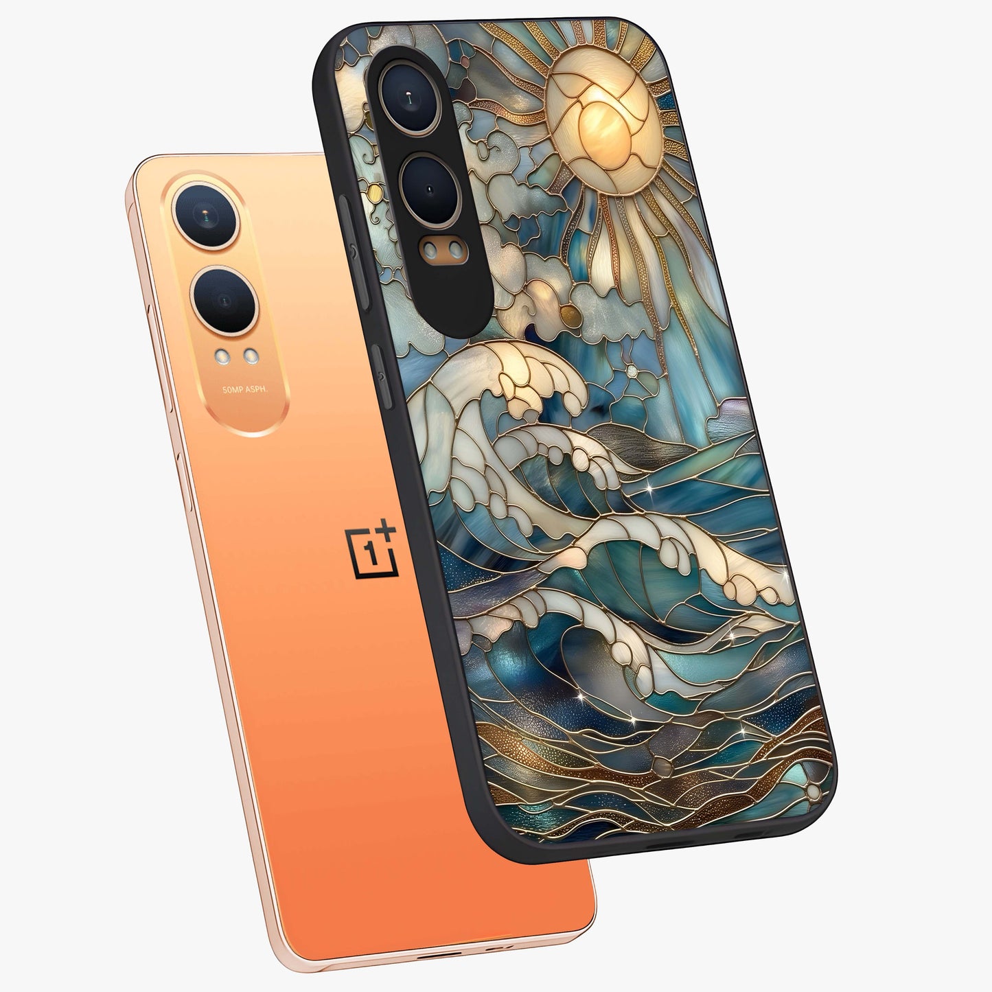 Ocean Mosaic Art Glass Case for 1+Nord Ce 4 Lite angled mockup showcasing glossy finish and vibrant blue detailing