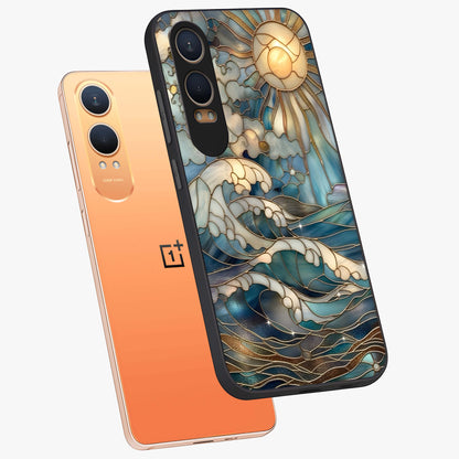 Ocean Mosaic Art Glass Case for 1+Nord Ce 4 Lite angled mockup showcasing glossy finish and vibrant blue detailing