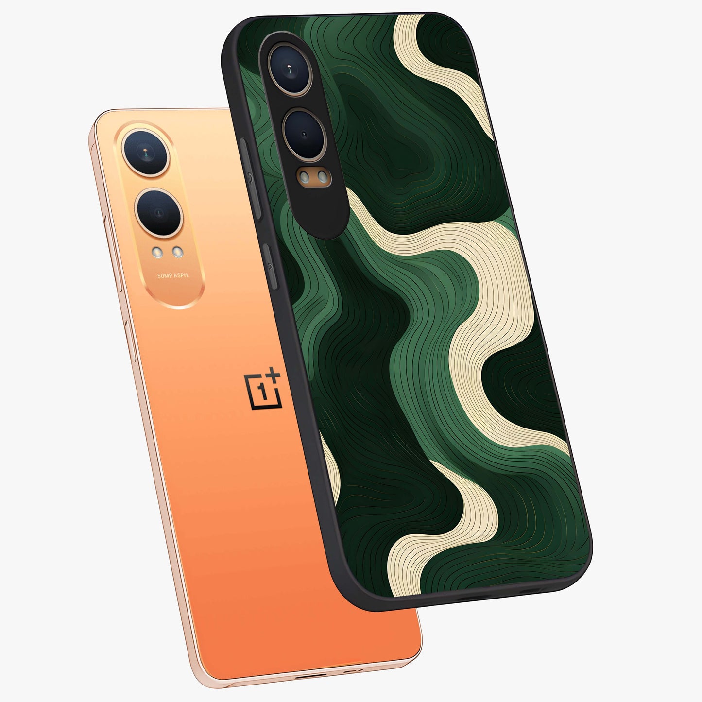 Organic Swirl Design Glass Case for 1+Nord Ce 4 Lite angled mockup showcasing glossy finish and smooth gradient tones