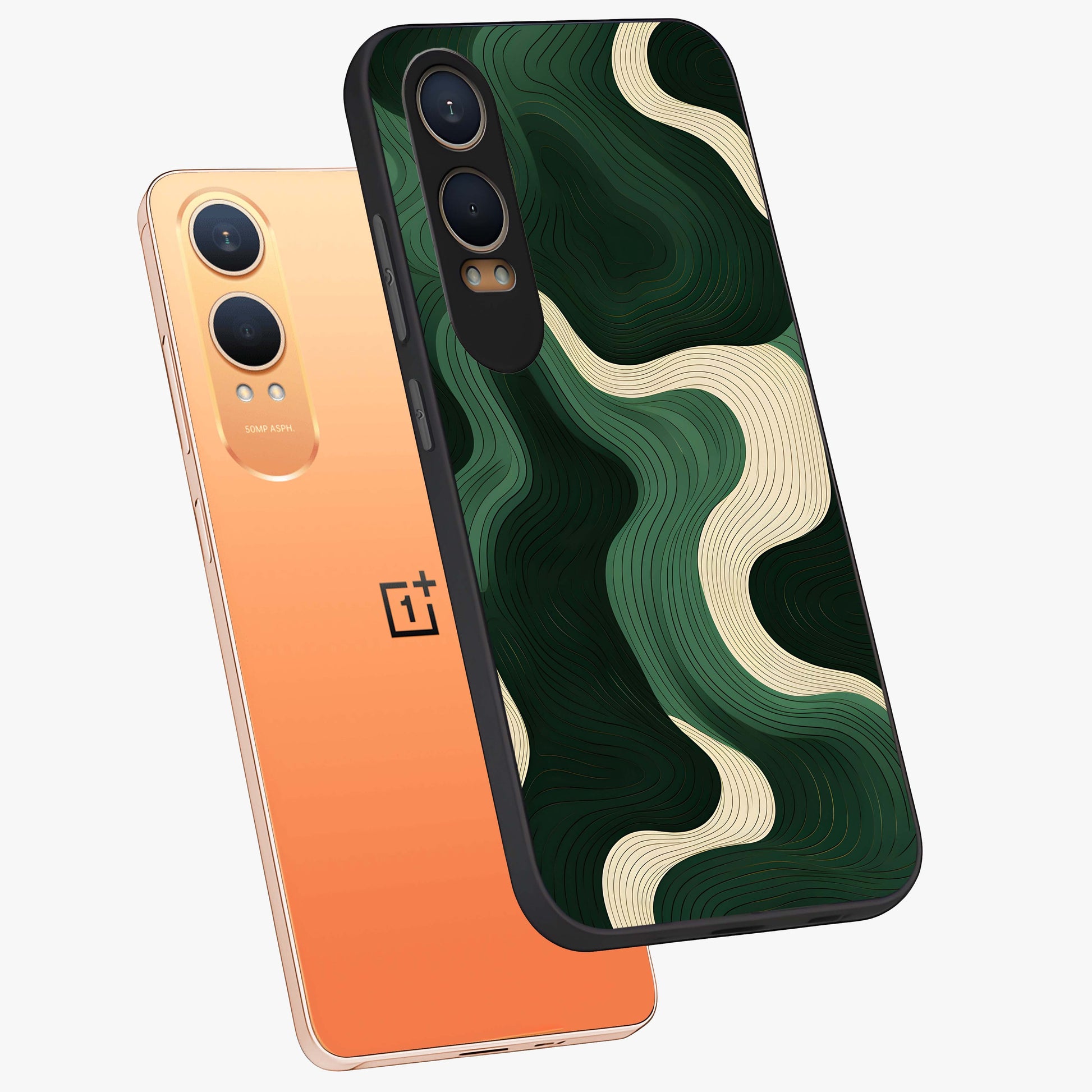 Organic Swirl Design Glass Case for 1+Nord Ce 4 Lite angled mockup showcasing glossy finish and smooth gradient tones