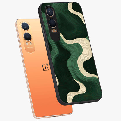 Organic Swirl Design Glass Case for 1+Nord Ce 4 Lite angled mockup showcasing glossy finish and smooth gradient tones