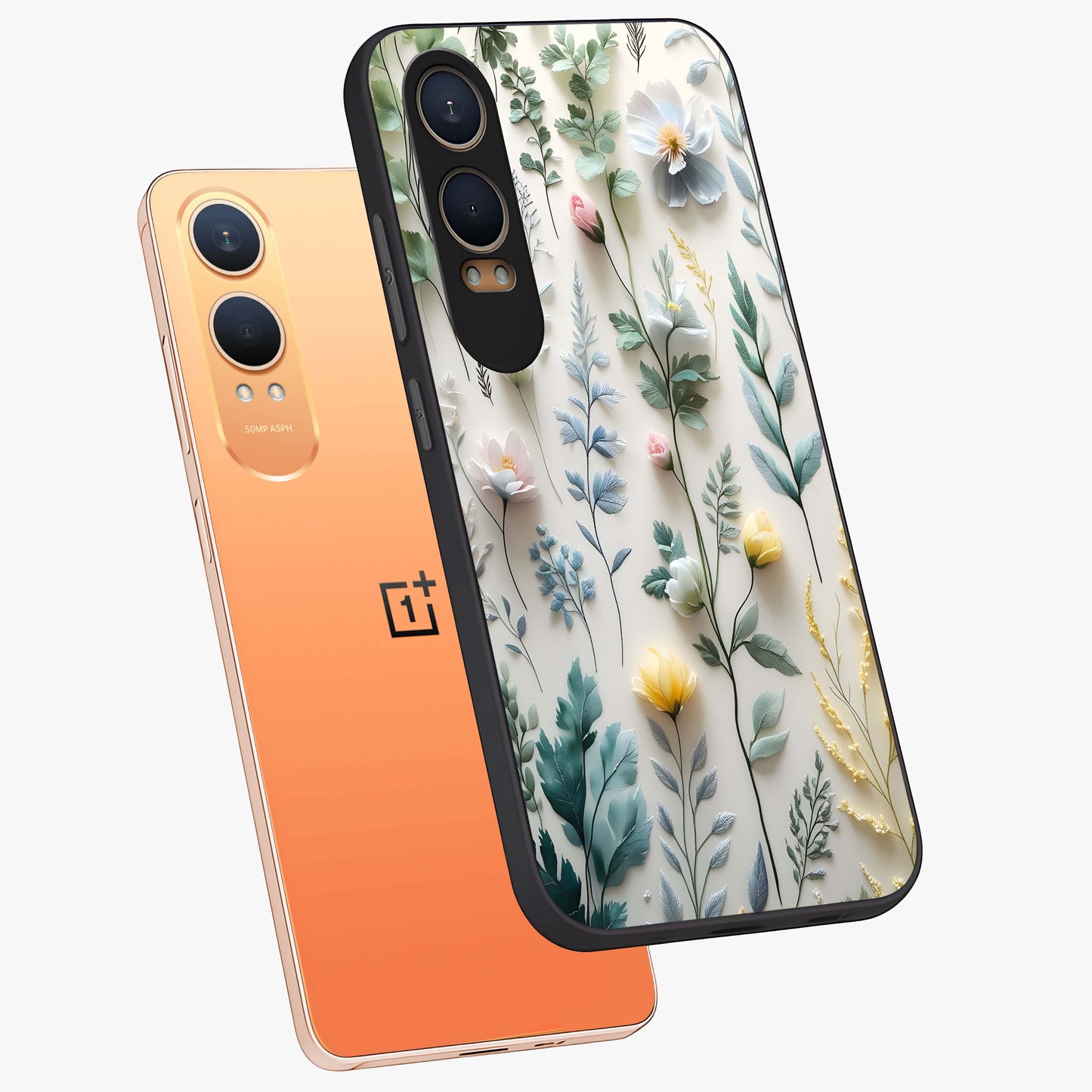 Pastel Garden Whispers Glass Case for 1+Nord Ce 4 Lite angled mockup showcasing glossy finish and gentle bloom tones