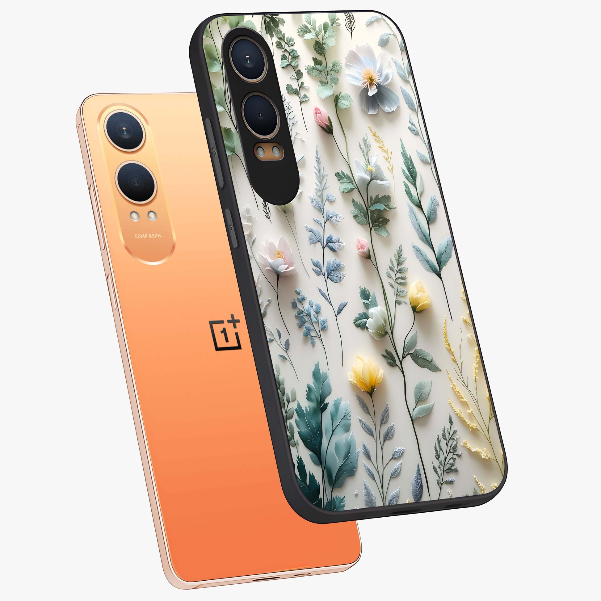 Pastel Garden Whispers Glass Case for 1+Nord Ce 4 Lite angled mockup showcasing glossy finish and gentle bloom tones