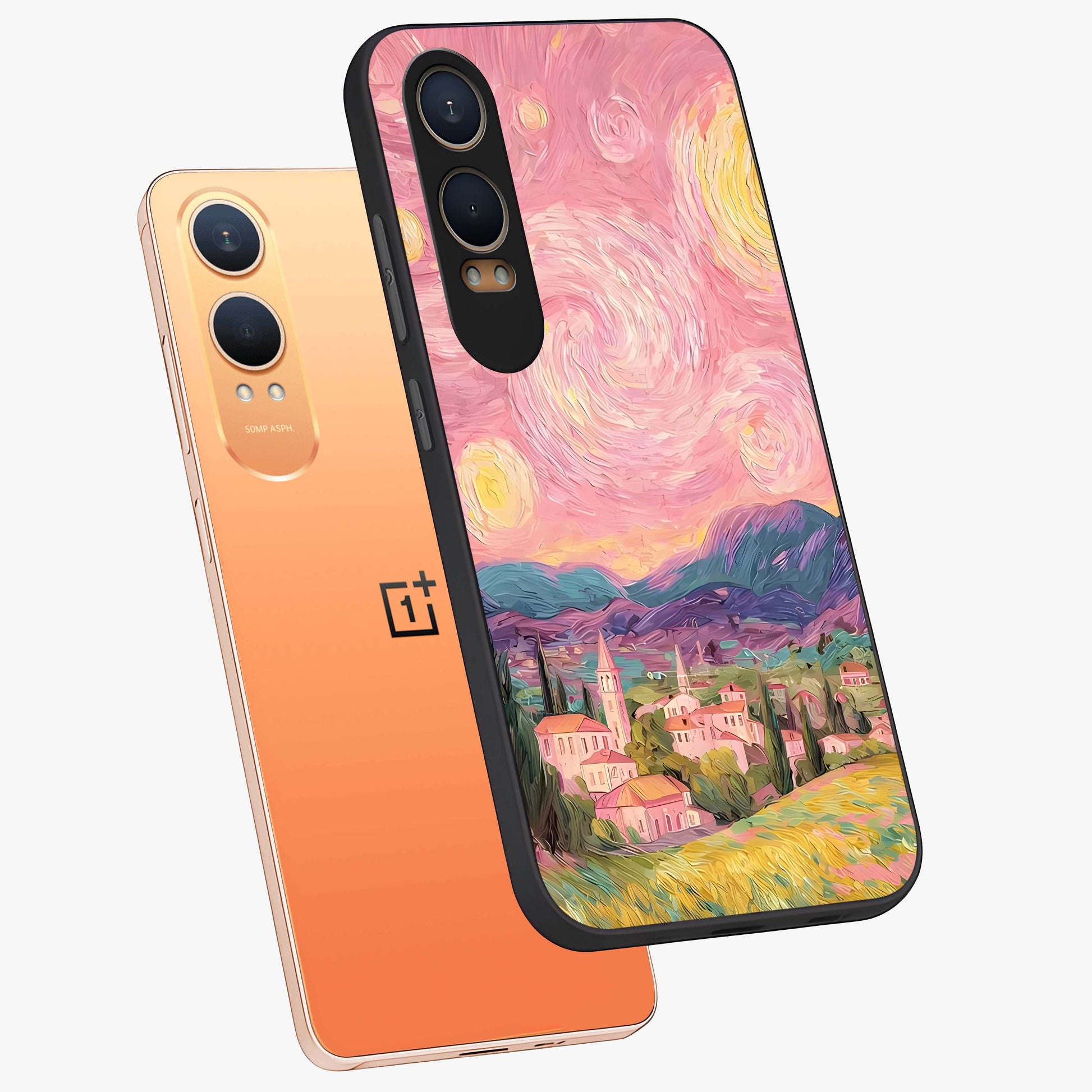 Pastel Starry Village Glass Case for 1+Nord Ce 4 Lite angled mockup showcasing glossy finish and soft celestial tones