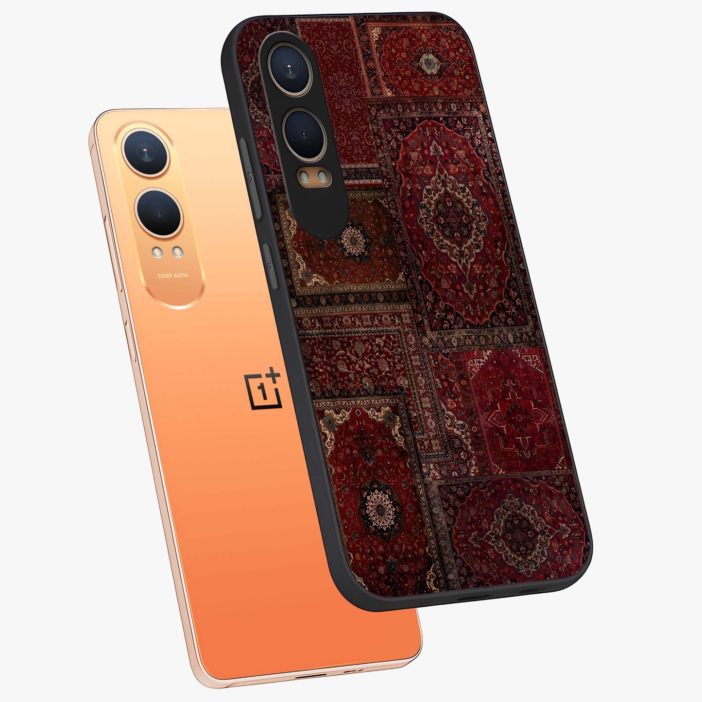 Persian Velvet Tale Glass Case for 1+Nord CE 4 Lite angled mockup showcasing glossy finish and rich deep tones
