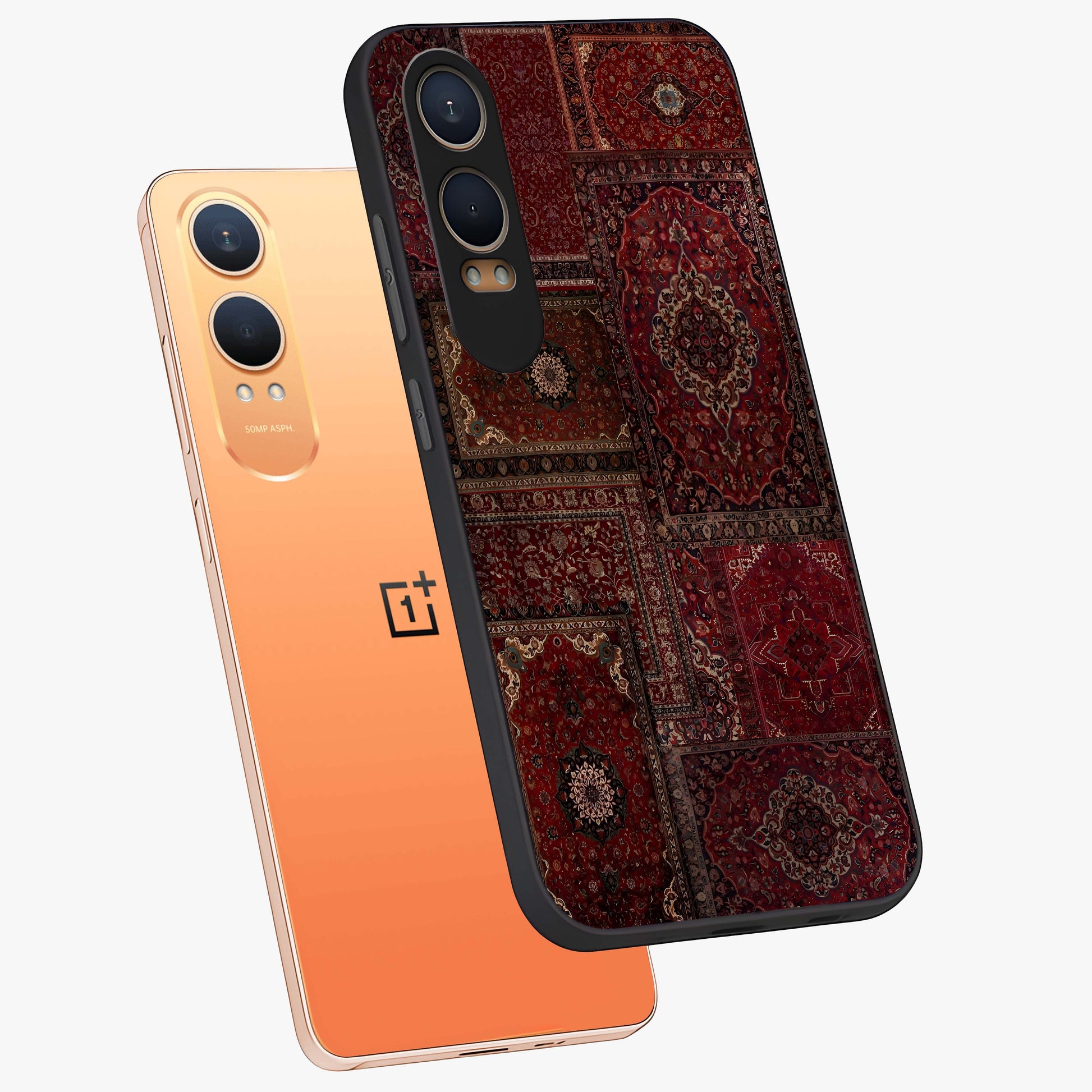 Persian Velvet Tale Glass Case for 1+Nord CE 4 Lite angled mockup showcasing glossy finish and rich deep tones