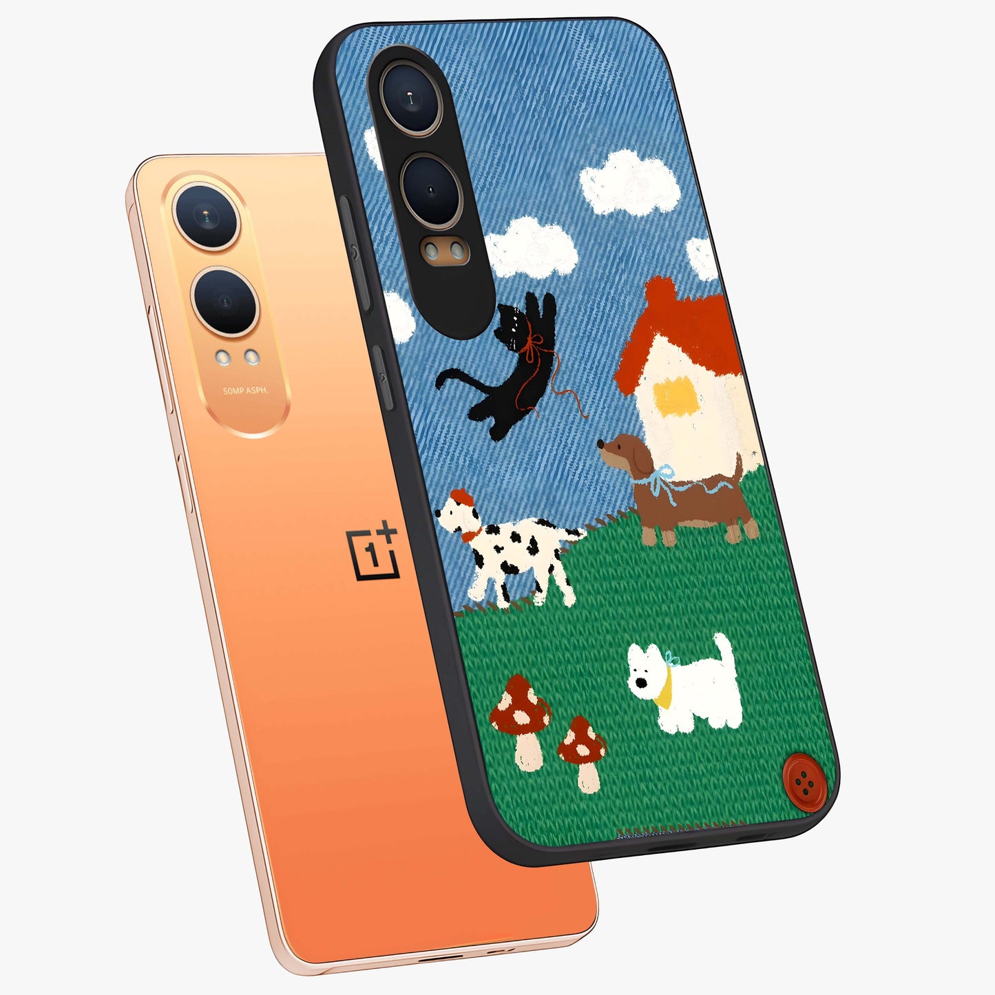 Pet Adventures Glass Case for 1+Nord CE 4 Lite angled mockup showcasing glossy finish and vibrant cartoon tones