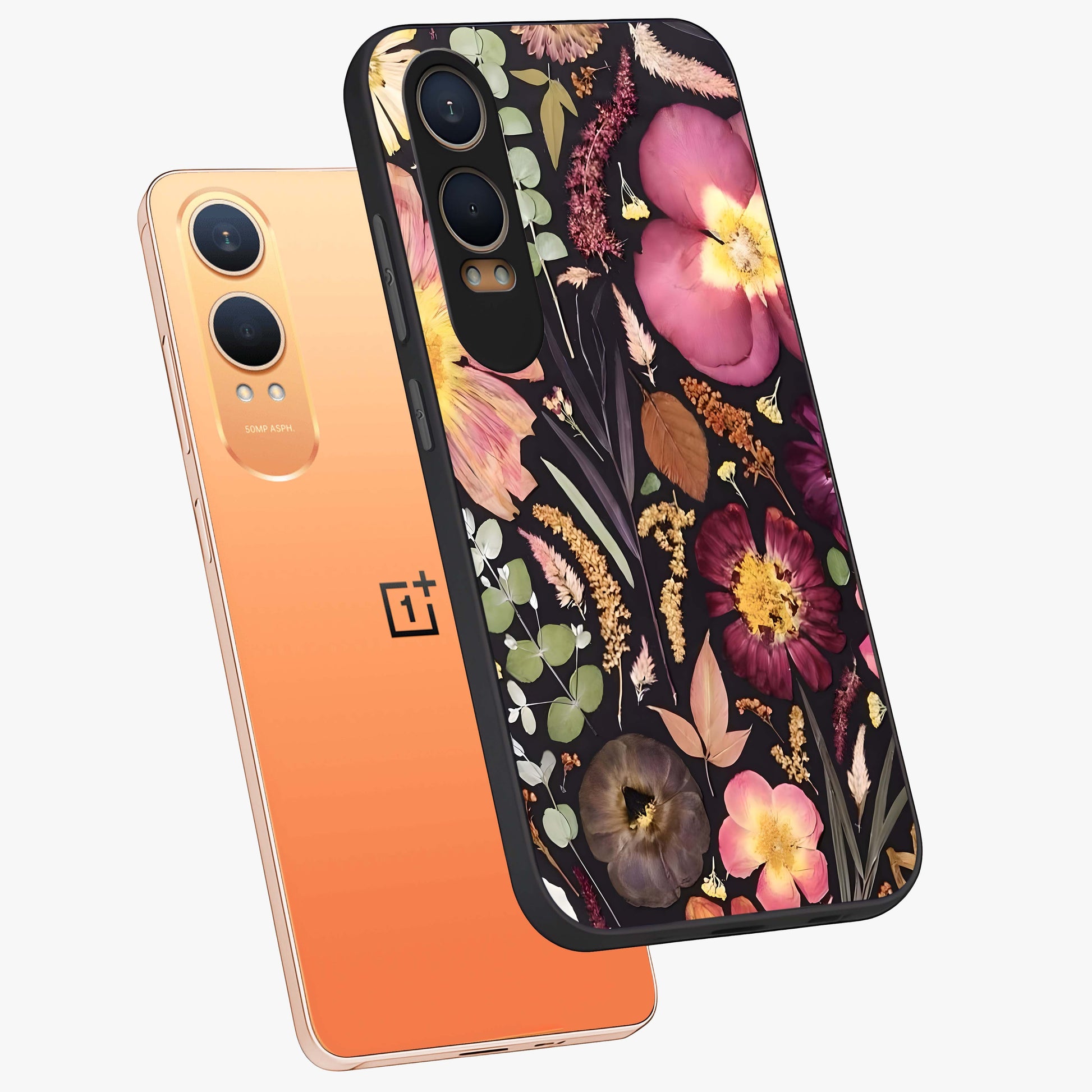 Petal Dream Tapestry Glass Case for 1+Nord CE 4 Lite angled mockup showcasing glossy finish and rich bloom detailing