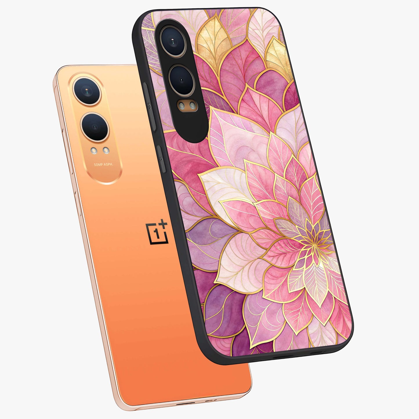 Petal Luxe Bloom Glass Case for 1+Nord CE 4 Lite angled mockup showcasing glossy finish and vibrant bloom accents