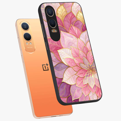 Petal Luxe Bloom Glass Case for 1+Nord CE 4 Lite angled mockup showcasing glossy finish and vibrant bloom accents