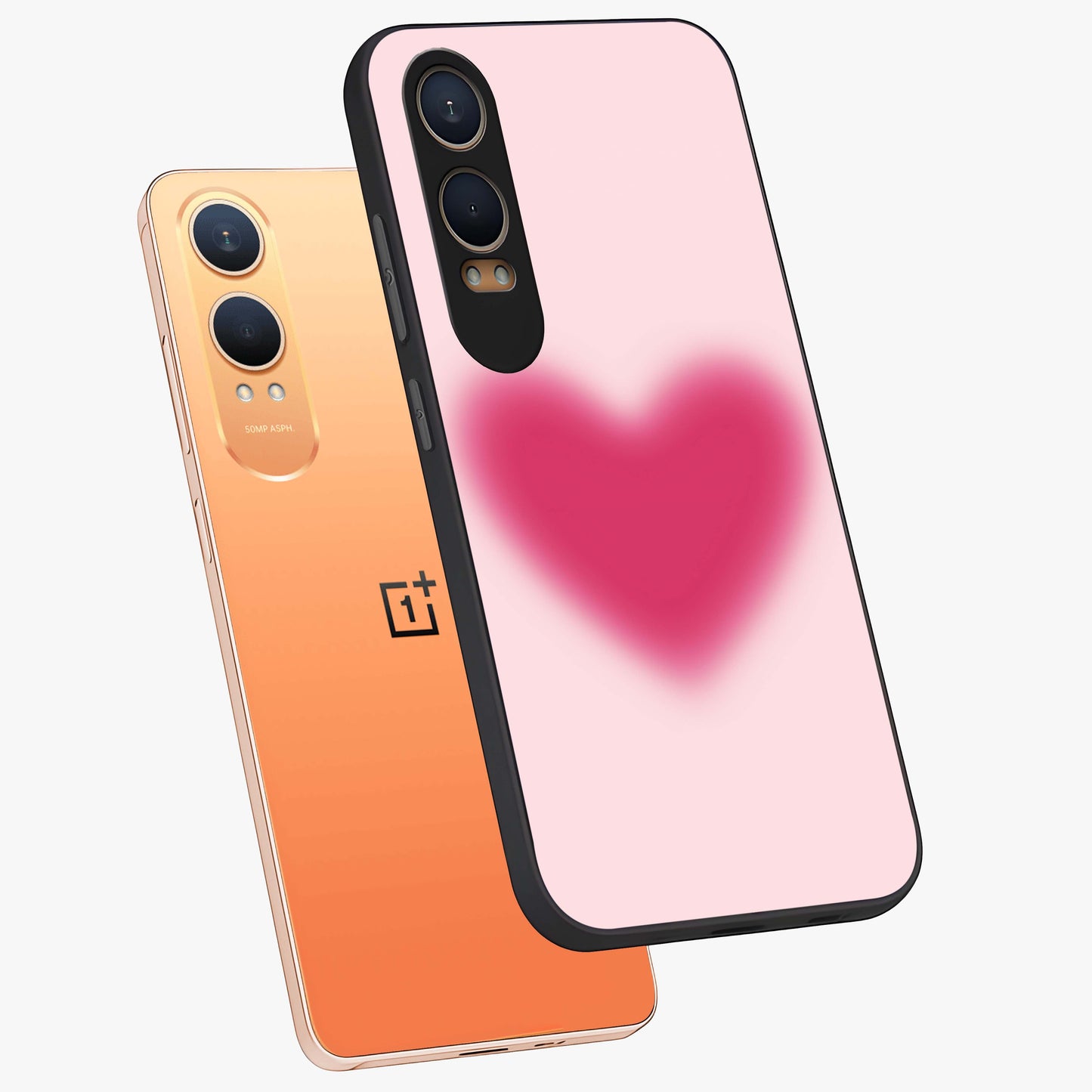 Pink Aura Heart Glass Case for 1+Nord Ce 4 Lite angled mockup showcasing glossy glass finish and radiant aura detailing