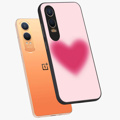 Pink Aura Heart Glass Case for 1+Nord Ce 4 Lite angled mockup showcasing glossy glass finish and radiant aura detailing