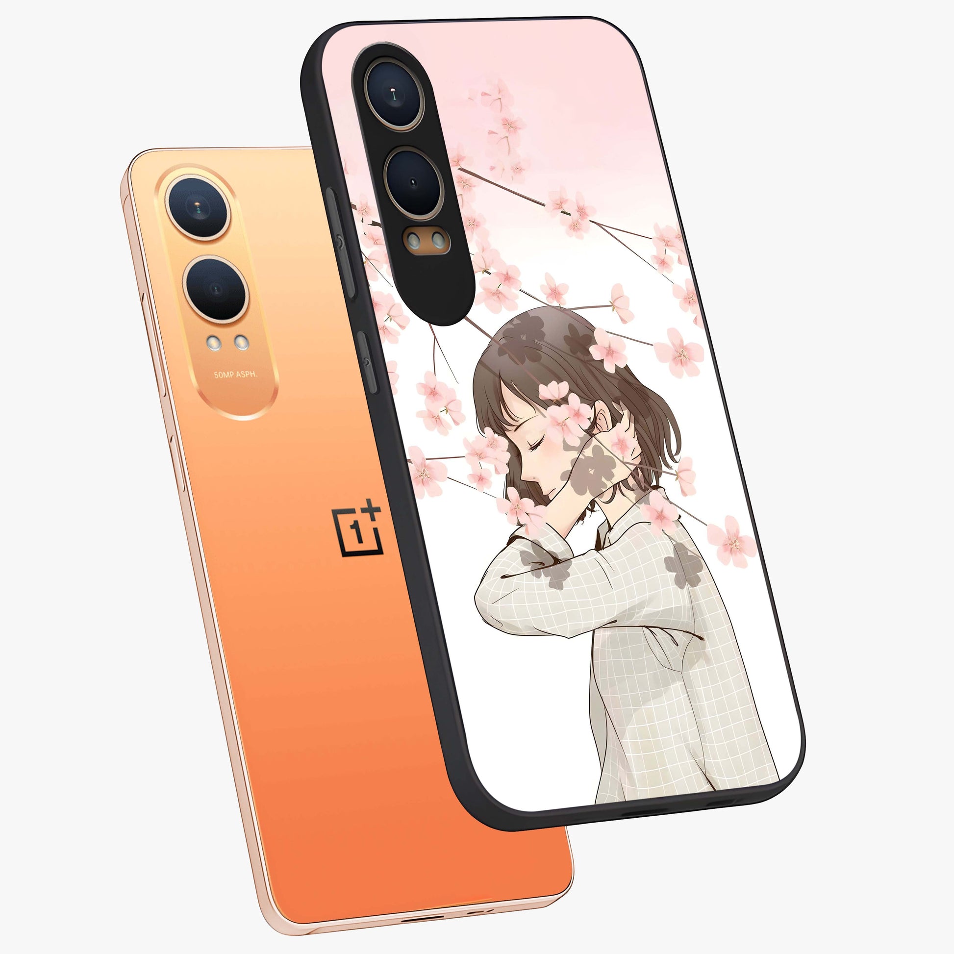 Pink Blossom Girl Glass Case for 1+Nord Ce 4 Lite angled mockup showcasing glossy finish and pastel floral detailing