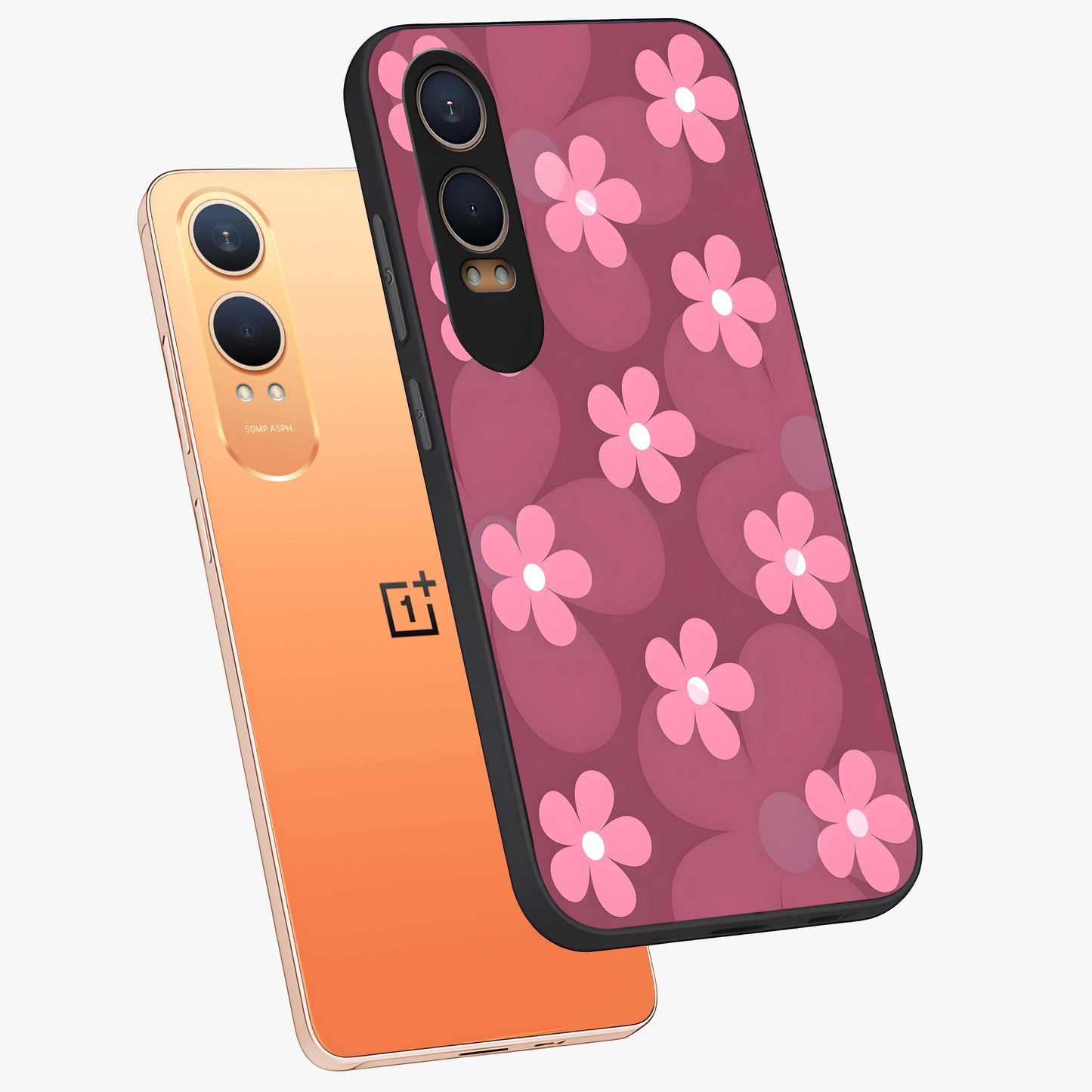 Pink Daisy Flower Pattern Glass Case for 1+Nord CE 4 Lite angled mockup showcasing glossy finish and playful bloom detailing