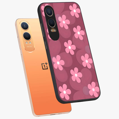 Pink Daisy Flower Pattern Glass Case for 1+Nord CE 4 Lite angled mockup showcasing glossy finish and playful bloom detailing