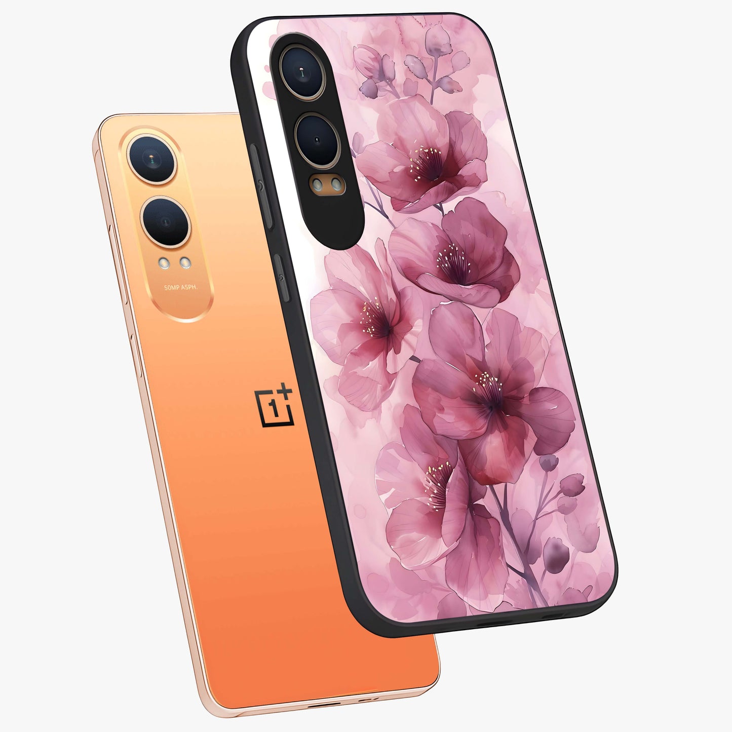 Pink Floral Glass Case for 1+Nord CE 4 Lite angled mockup showcasing glossy finish and delicate bloom detailing