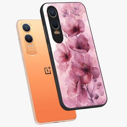 Pink Floral Glass Case for 1+Nord CE 4 Lite angled mockup showcasing glossy finish and delicate bloom detailing