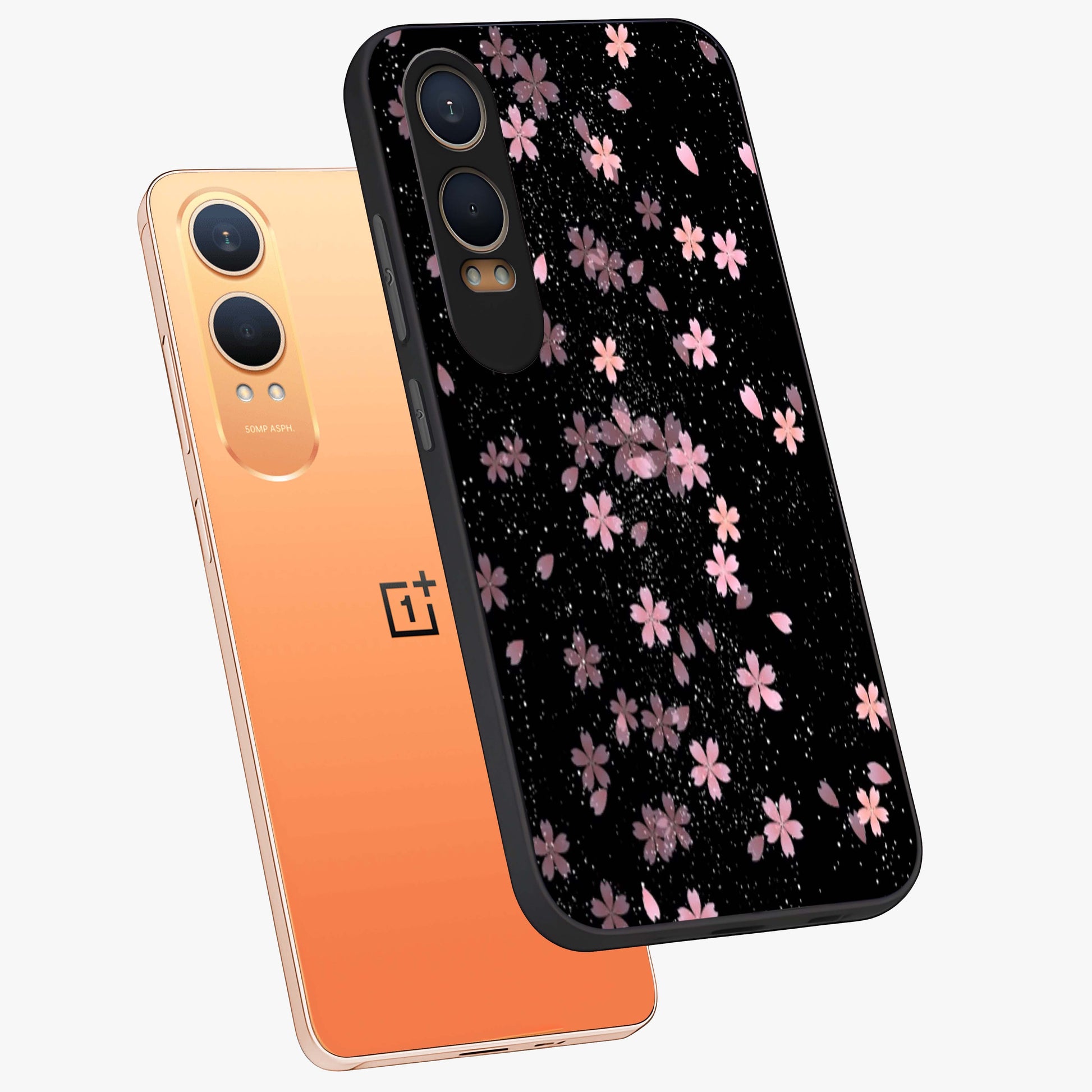 Pink Flower Black Background Glass Case for 1+Nord CE 4 Lite angled mockup showcasing glossy finish and bold contrast tones