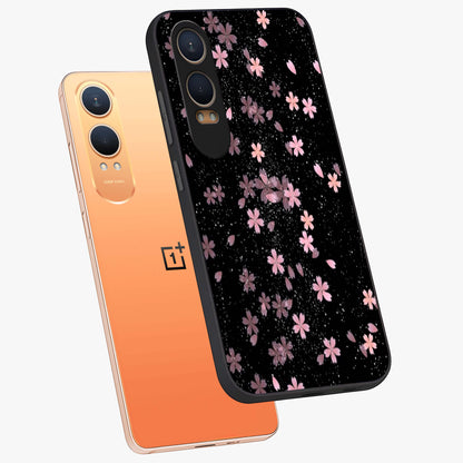 Pink Flower Black Background Glass Case for 1+Nord CE 4 Lite angled mockup showcasing glossy finish and bold contrast tones