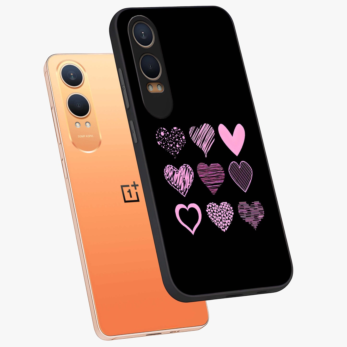 Pink Heart Aesthetic Glass Case for 1+Nord CE 4 Lite angled mockup showcasing glossy finish and pastel romantic detailing