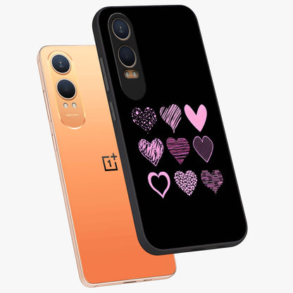 Pink Heart Aesthetic Glass Case for 1+Nord CE 4 Lite angled mockup showcasing glossy finish and pastel romantic detailing