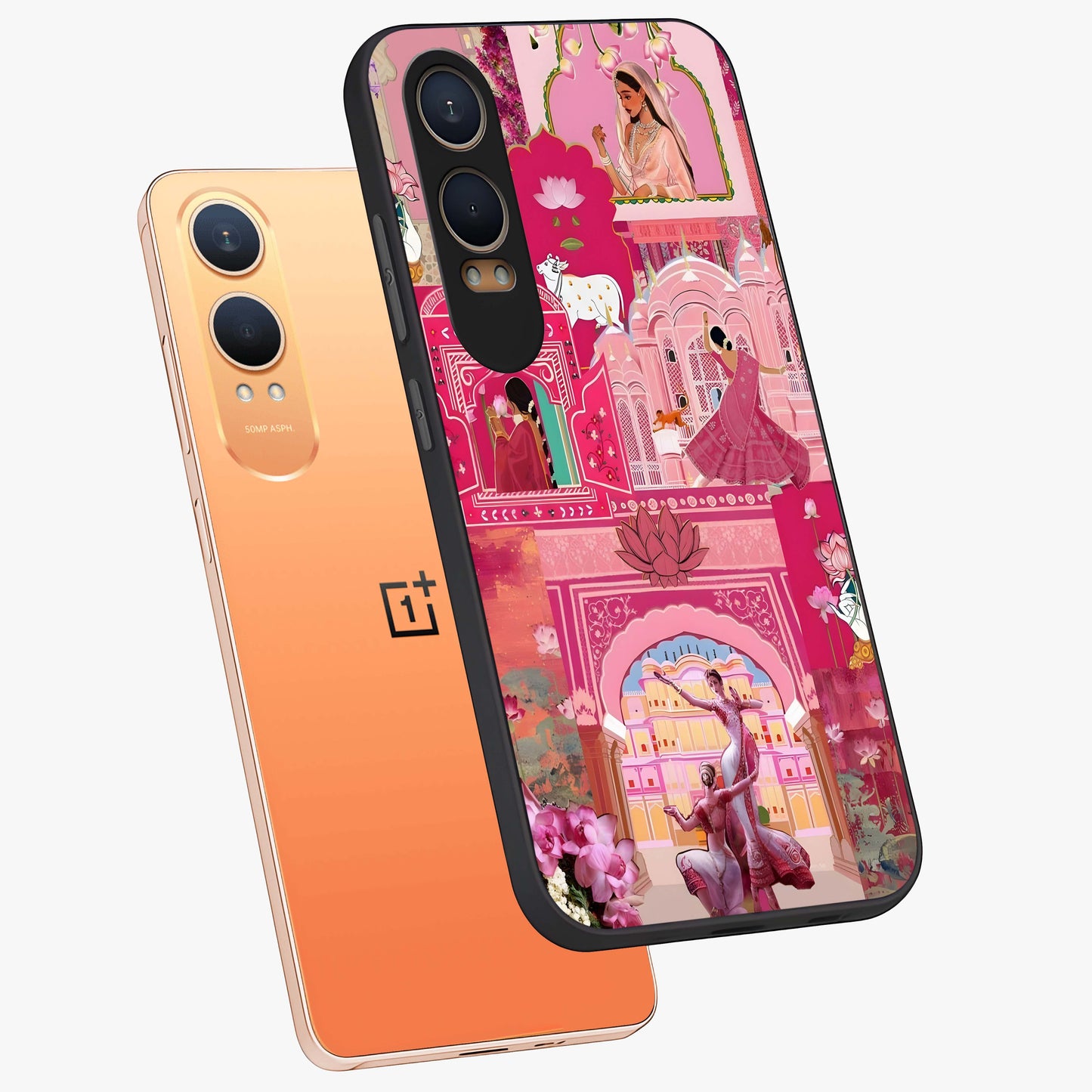Pink Palace Muse Glass Case for 1+Nord CE 4 Lite angled mockup showcasing glossy finish and refined architectural detailing