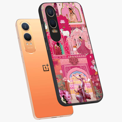 Pink Palace Muse Glass Case for 1+Nord CE 4 Lite angled mockup showcasing glossy finish and refined architectural detailing
