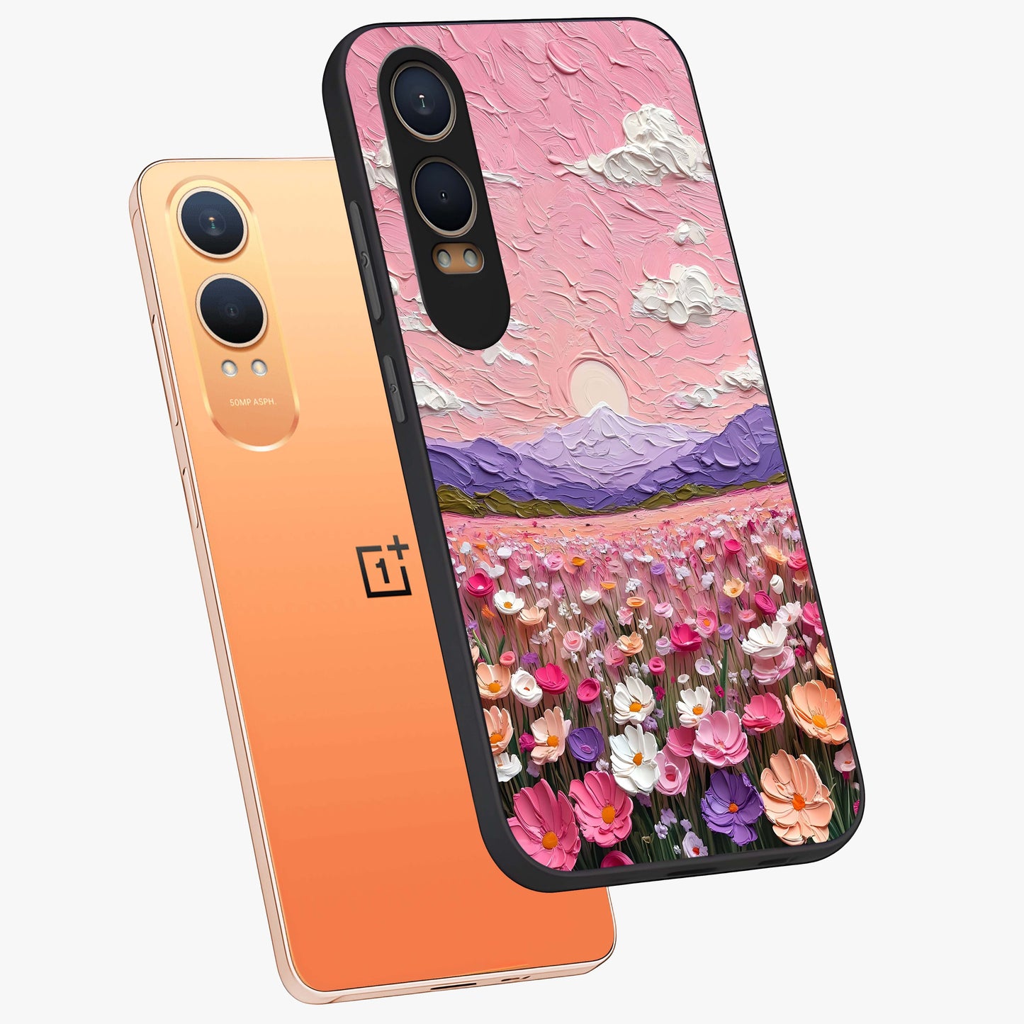 Pink Pastel Groovy Art Glass Case for 1+Nord Ce 4 Lite angled mockup showcasing glossy finish and vibrant abstract detailing