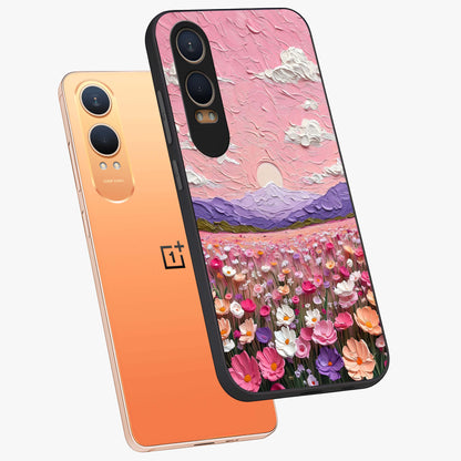 Pink Pastel Groovy Art Glass Case for 1+Nord Ce 4 Lite angled mockup showcasing glossy finish and vibrant abstract detailing