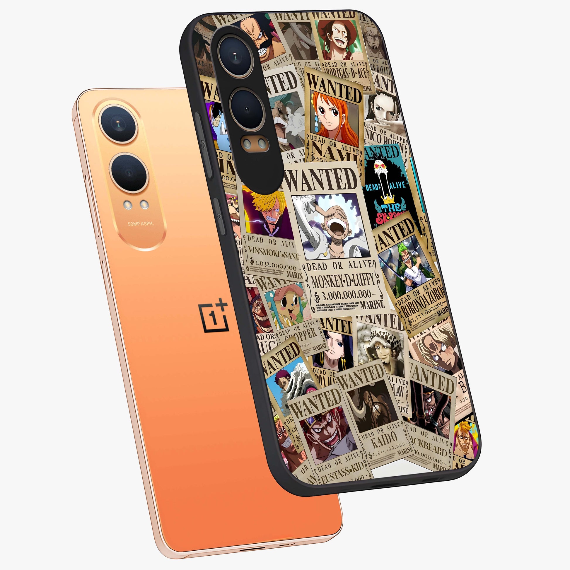 Pirate Wanted Legends Glass Case for 1+Nord CE 4 Lite angled mockup showcasing glossy glass finish and dramatic vintage tones