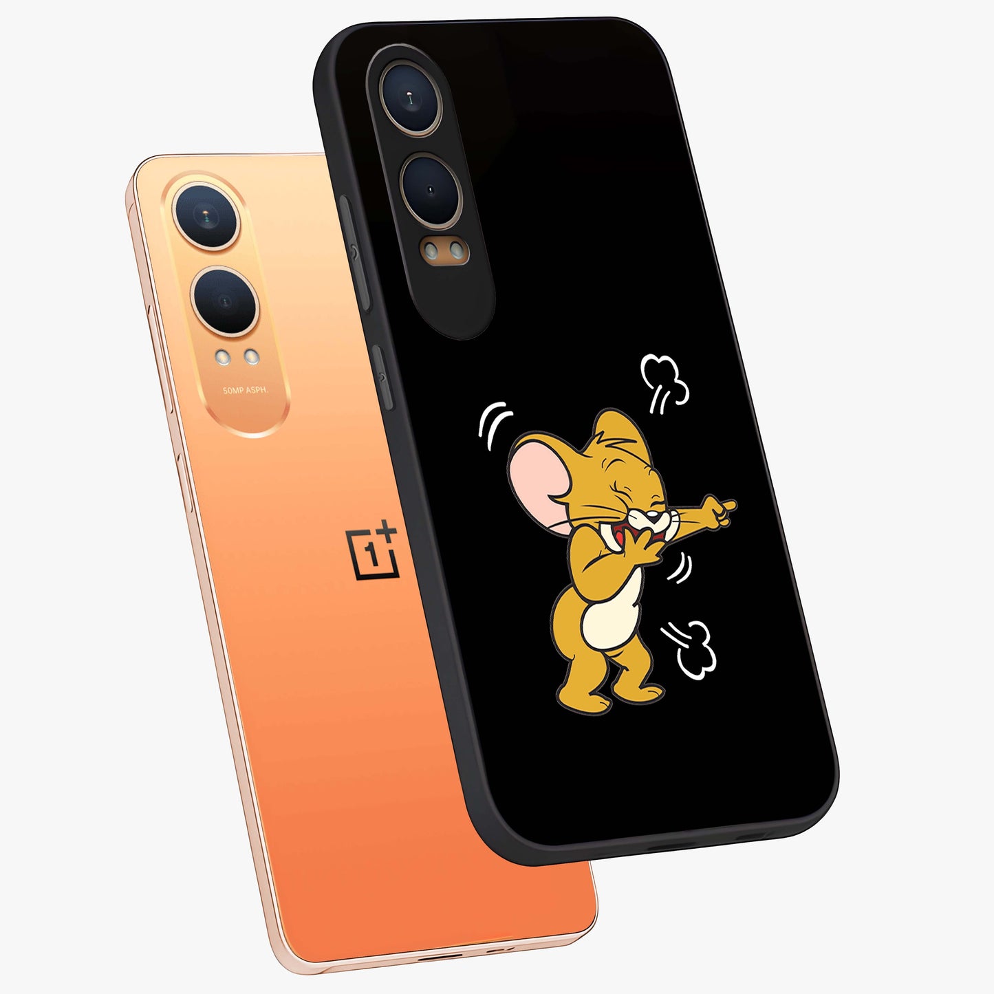 Playful Jerry Vibes Glass Case for 1+Nord Ce 4 Lite angled mockup showcasing glossy finish and vibrant character detailing