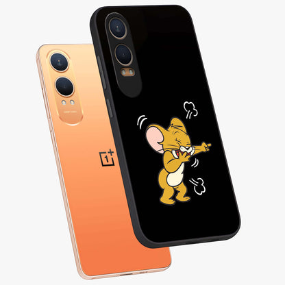 Playful Jerry Vibes Glass Case for 1+Nord Ce 4 Lite angled mockup showcasing glossy finish and vibrant character detailing