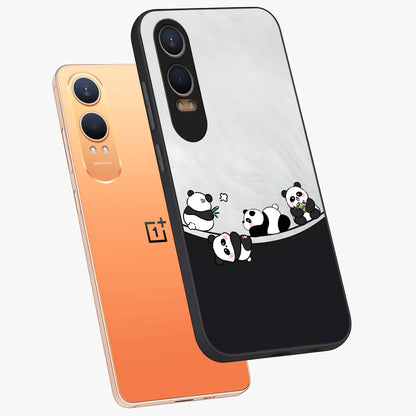 Playful Panda Parade Glass Case for 1+Nord CE 4 Lite angled mockup showcasing glossy finish and soft pastel tones