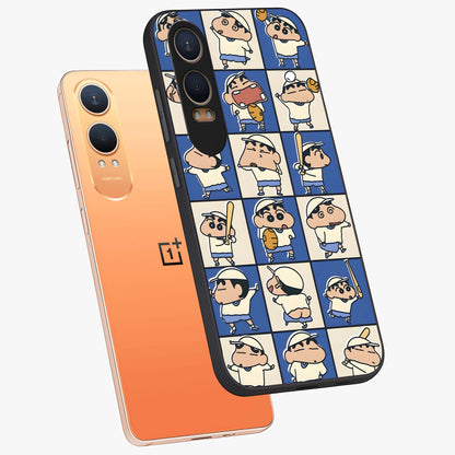 Playful Shin Swing Glass Case for 1+Nord CE 4 Lite angled mockup showcasing glossy finish and vibrant cartoon detailing