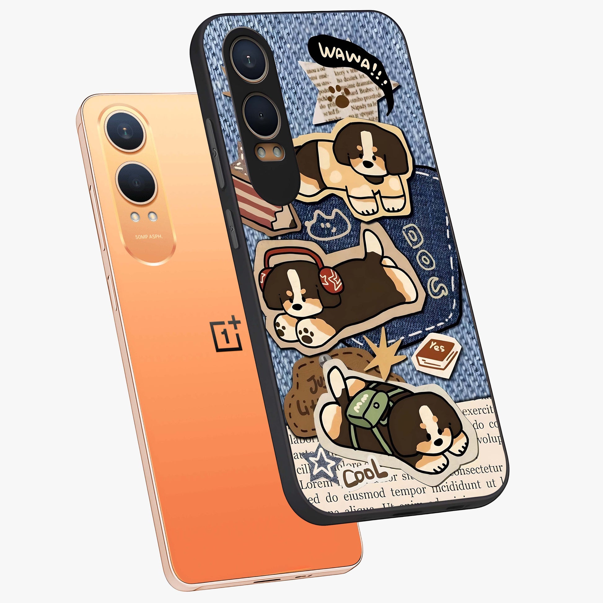 Puppy Sticker Parade Glass Case for 1+Nord CE 4 Lite angled mockup showcasing glossy finish and colorful cartoon detailing