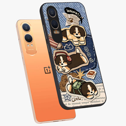 Puppy Sticker Parade Glass Case for 1+Nord CE 4 Lite angled mockup showcasing glossy finish and colorful cartoon detailing