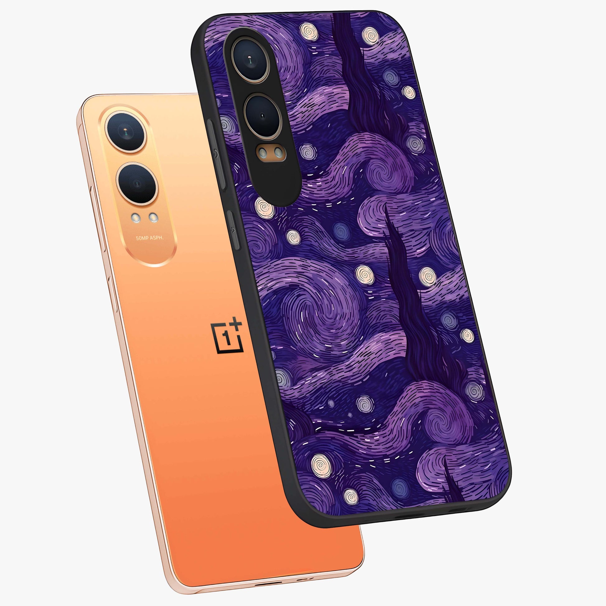 Purple Swirls Glass Case for 1+Nord Ce 4 Lite angled mockup showcasing glossy finish and smooth gradient detailing