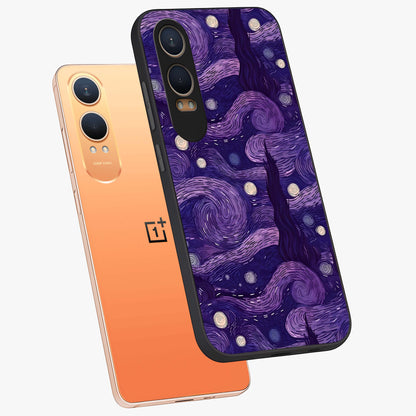 Purple Swirls Glass Case for 1+Nord Ce 4 Lite angled mockup showcasing glossy finish and smooth gradient detailing