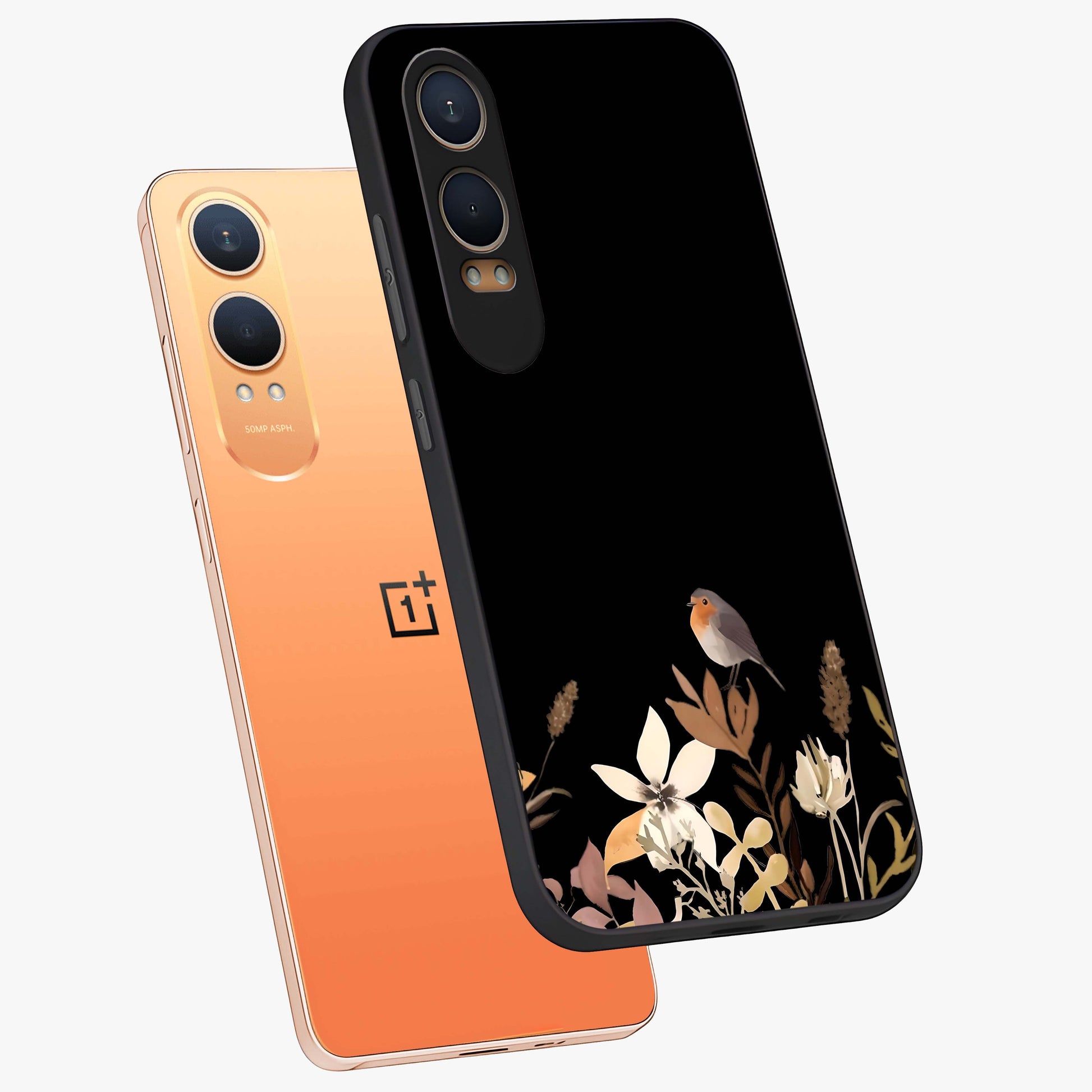 Quiet Garden Tune Glass Case for 1+Nord Ce 4 Lite angled mockup showcasing glossy finish and soft pastel tones