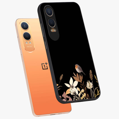 Quiet Garden Tune Glass Case for 1+Nord Ce 4 Lite angled mockup showcasing glossy finish and soft pastel tones