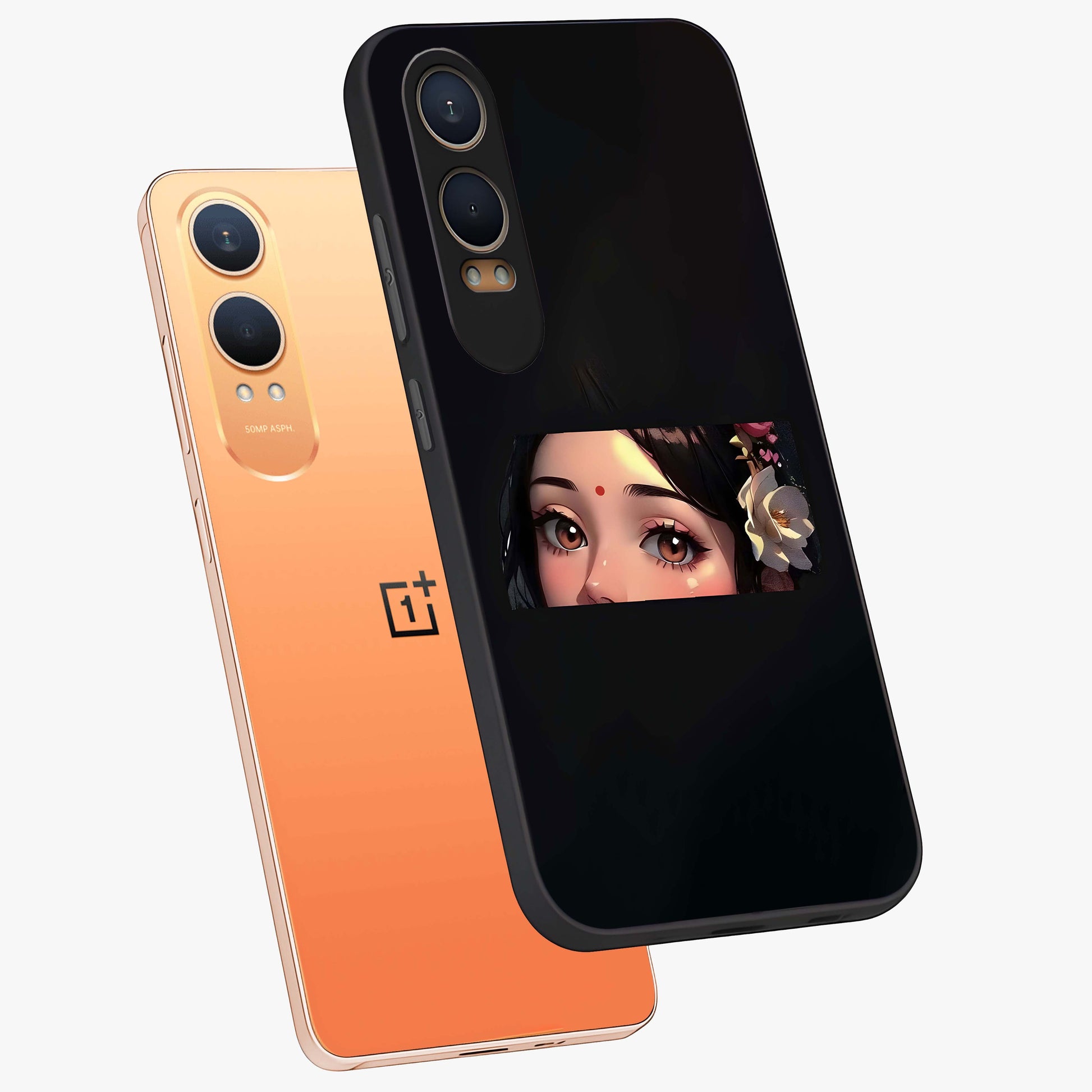 Radha Divine Embrace Glass Case for 1+Nord Ce 4 Lite angled mockup showcasing glossy glass finish and vibrant spiritual tones