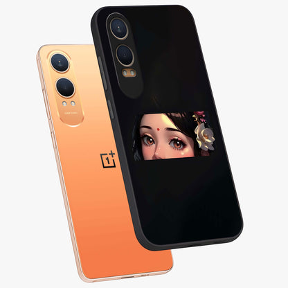 Radha Divine Embrace Glass Case for 1+Nord Ce 4 Lite angled mockup showcasing glossy glass finish and vibrant spiritual tones