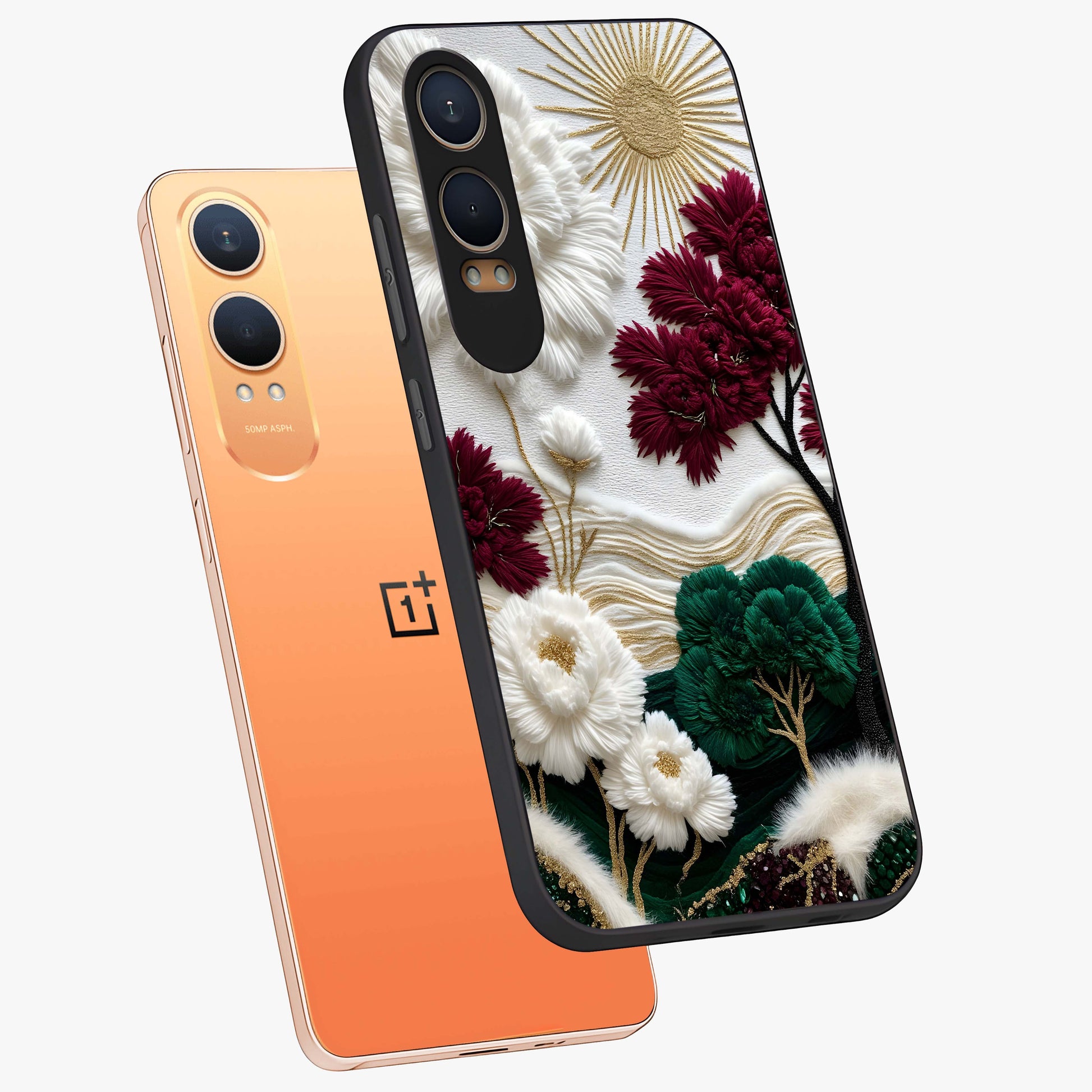 Radiant Bloom Elegance Glass Case for 1+Nord CE 4 Lite angled mockup showcasing glossy finish and refined bloom detailing